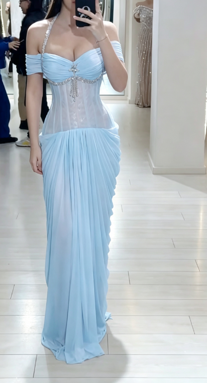 Chic Yellow Prom Dress Sheath Chiffon Dress for Party Off-shoulder Evening Dress ED09241