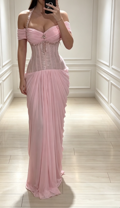 Chic Yellow Prom Dress Sheath Chiffon Dress for Party Off-shoulder Evening Dress ED09241