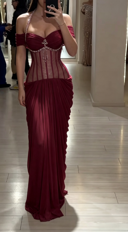 Chic Yellow Prom Dress Sheath Chiffon Dress for Party Off-shoulder Evening Dress ED09241