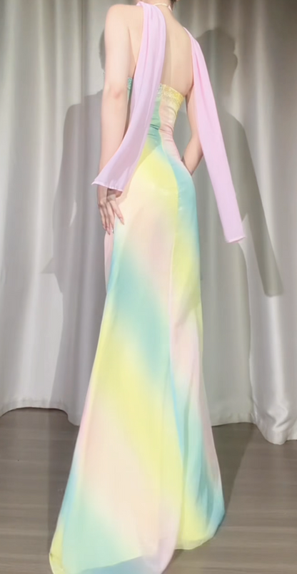 Chic Colorful Prom Dress Sheath Chiffon Dress for Party Halter Evening Dress ED09246