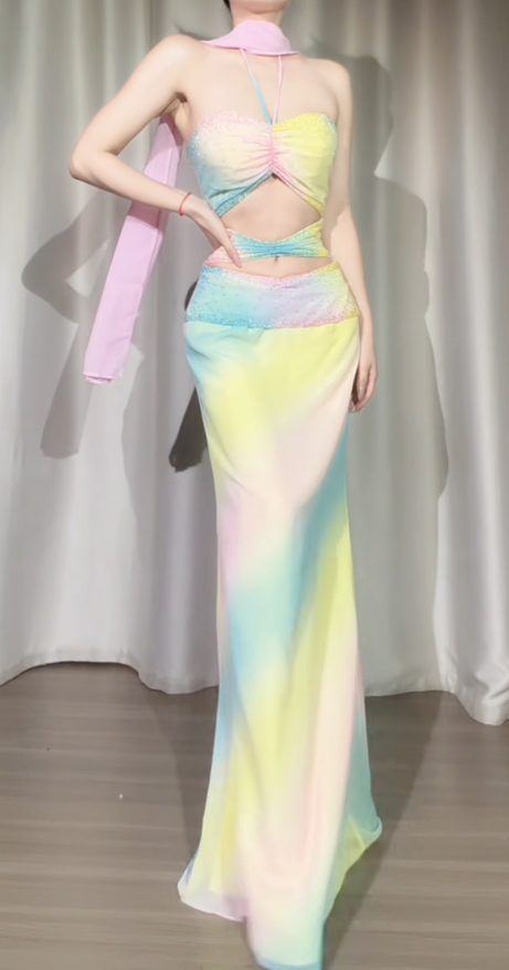 Chic Colorful Prom Dress Sheath Chiffon Dress for Party Halter Evening Dress ED09246