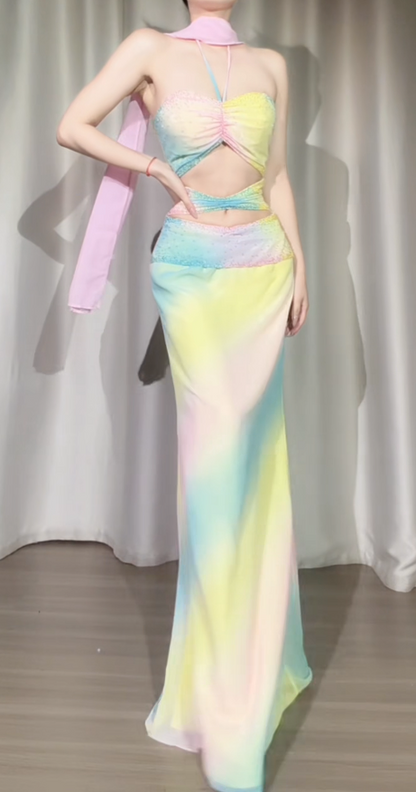 Chic Colorful Prom Dress Sheath Chiffon Dress for Party Halter Evening Dress ED09246