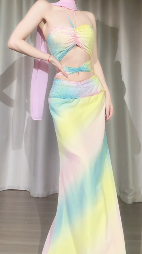 Chic Colorful Prom Dress Sheath Chiffon Dress for Party Halter Evening Dress ED09246