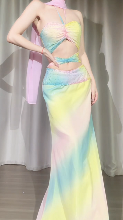 Chic Colorful Prom Dress Sheath Chiffon Dress for Party Halter Evening Dress ED09246
