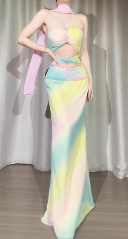 Chic Colorful Prom Dress Sheath Chiffon Dress for Party Halter Evening Dress ED09246