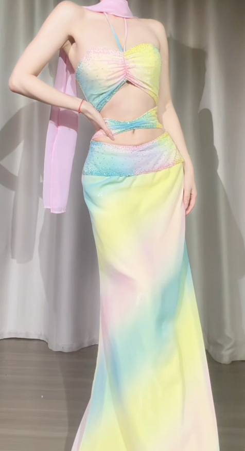 Chic Colorful Prom Dress Sheath Chiffon Dress for Party Halter Evening Dress ED09246