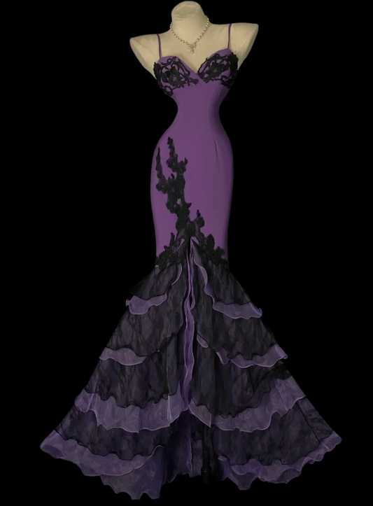 Elegantes lilafarbenes Ballkleid Meerjungfrauen-Chiffonkleid für Partys Träger Abendkleid ED09247