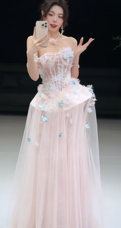 Chic Pink Prom Dress A-Line Tulle Dress for Party Off-shoulder Evening Dress ED09248