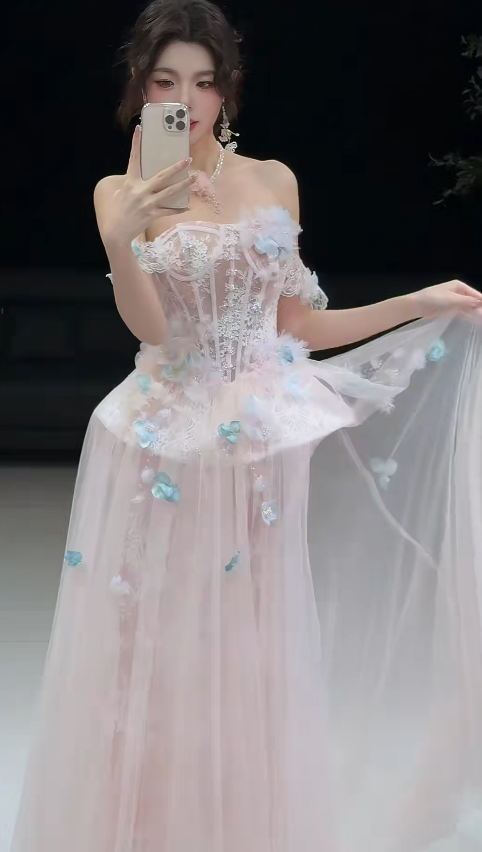 Chic Pink Prom Dress A-Line Tulle Dress for Party Off-shoulder Evening Dress ED09248