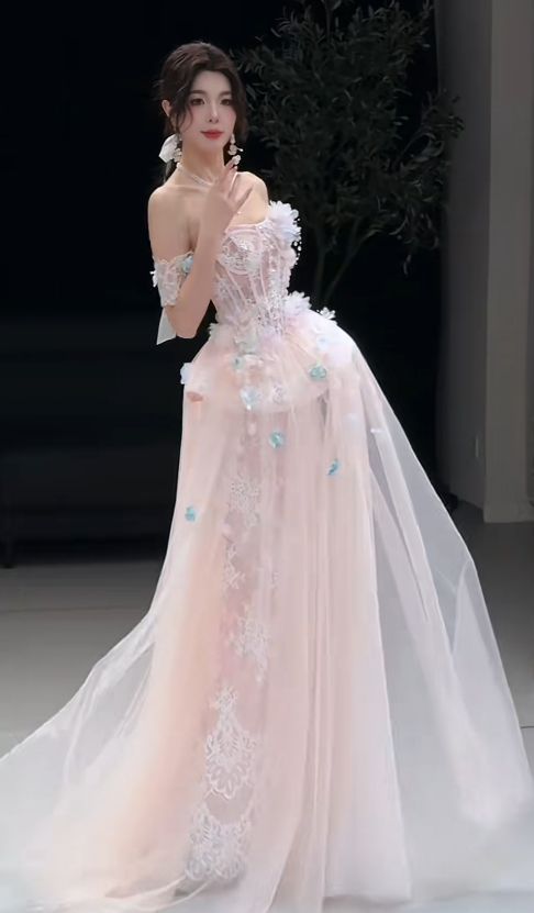 Chic Pink Prom Dress A-Line Tulle Dress for Party Off-shoulder Evening Dress ED09248