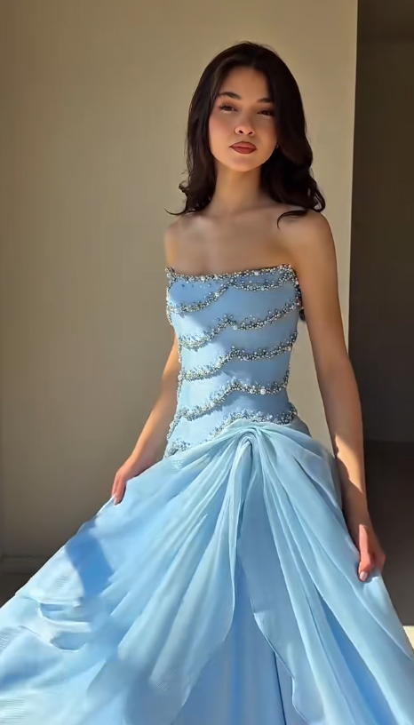 Chic Blue Prom Dress Sheath Chiffon Dress for Party Strapless Evening Dress ED09249