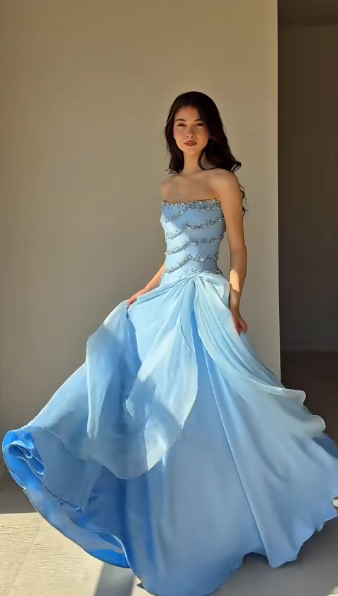 Chic Blue Prom Dress Sheath Chiffon Dress for Party Strapless Evening Dress ED09249