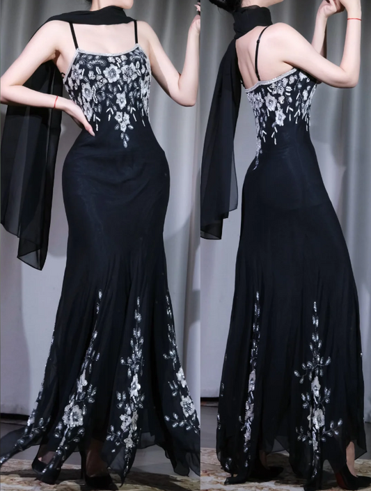 Romantisches schwarzes Ballkleid Etuikleid Chiffonkleid für Party Träger Abendkleid ED09250
