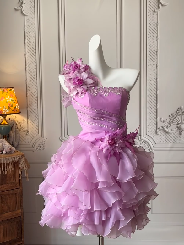Gorgeous Light Purple Hoco Dress One-shoulder A-Line Short Prom Dress Sleeveless Tulle Birthday Dress ED09255