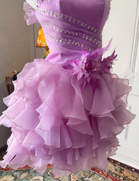 Wunderschönes hellviolettes Hoco-Kleid, schulterfrei, A-Linie, kurzes Ballkleid, ärmelloses Tüll-Geburtstagskleid ED09255