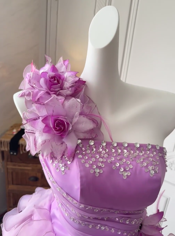Gorgeous Light Purple Hoco Dress One-shoulder A-Line Short Prom Dress Sleeveless Tulle Birthday Dress ED09255