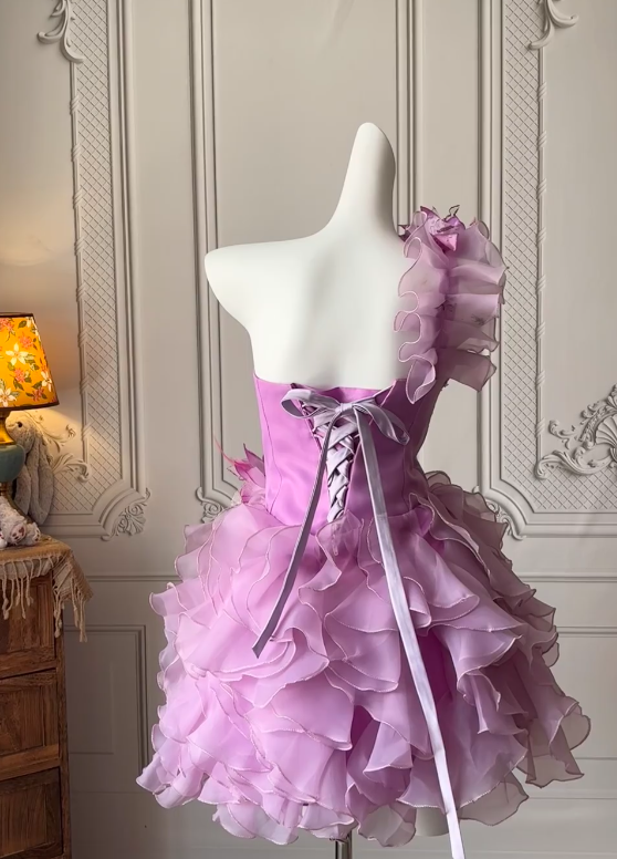 Gorgeous Light Purple Hoco Dress One-shoulder A-Line Short Prom Dress Sleeveless Tulle Birthday Dress ED09255