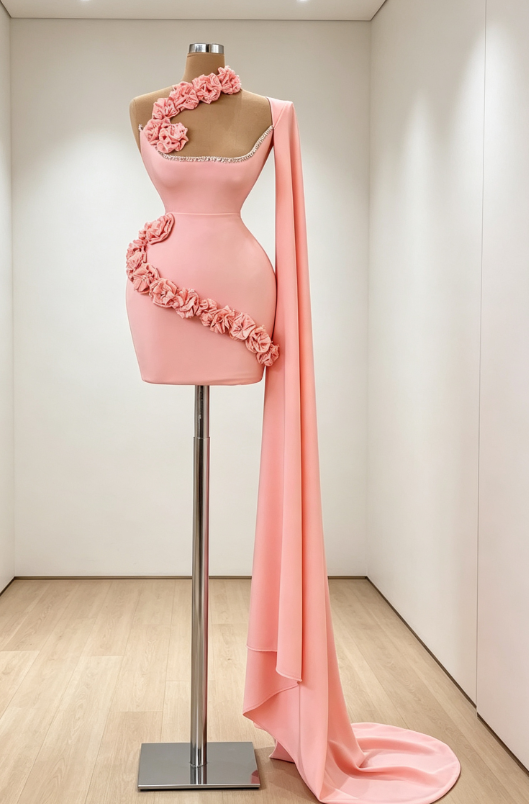 Gorgeous Pink Hoco Dress One-shoulder Bodycon Short Prom Dress Sleeveless Chiffon Birthday Dress ED09259