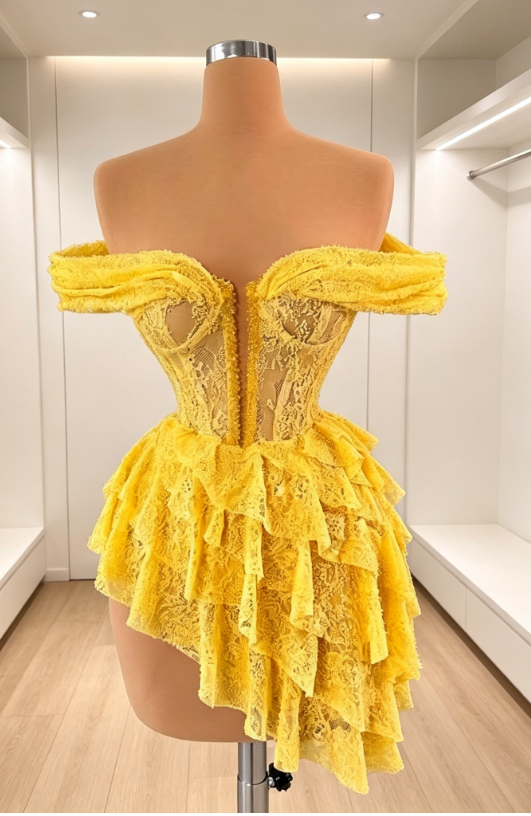 Sexy gelbes Hoco-Kleid schulterfrei Etui kurz Ballkleid ärmellos Spitzen-Geburtstagskleid ED09261