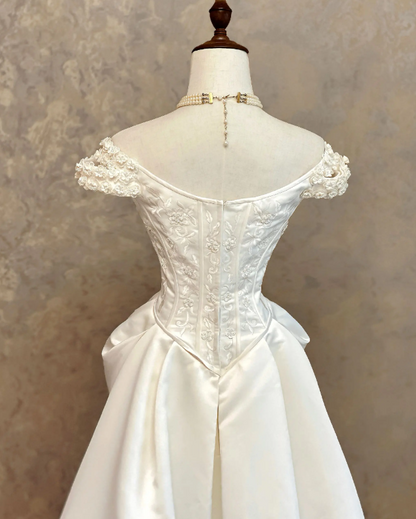 Timeless A-Line Off-shoulder Wedding Dress Satin Bridal Gown White Bridal Dress ED09269