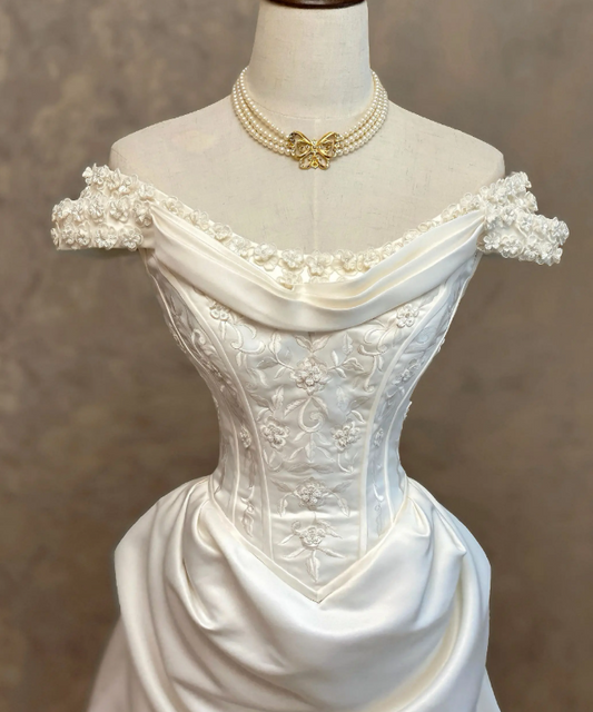 Timeless A-Line Off-shoulder Wedding Dress Satin Bridal Gown White Bridal Dress ED09269