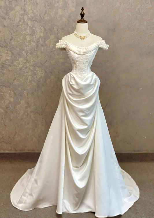 Timeless A-Line Off-shoulder Wedding Dress Satin Bridal Gown White Bridal Dress ED09269