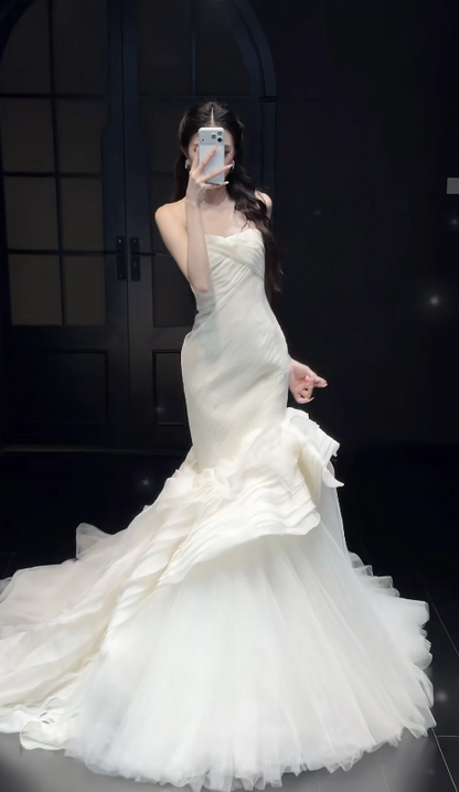 Timeless Mermaid Strapless Wedding Dress Tulle Bridal Gown White Bridal Dress ED09271