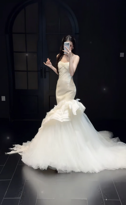 Timeless Mermaid Strapless Wedding Dress Tulle Bridal Gown White Bridal Dress ED09271