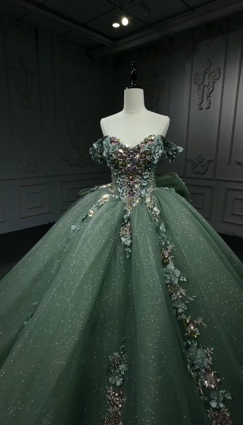 Fairy Off-shoulder Ball Gown Quinceanera Dress Tulle Applique Birthday Dress Green Sweet 16 Dress ED09277