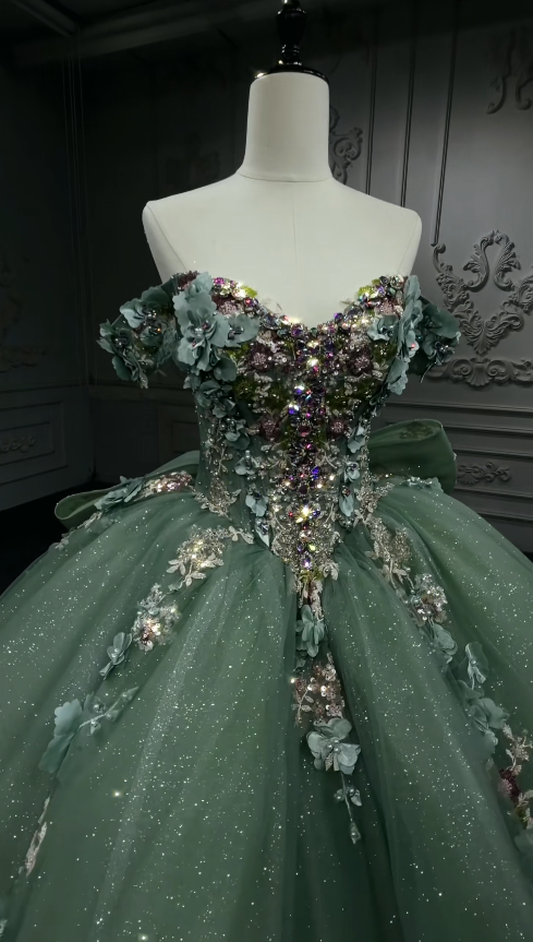 Fairy Off-shoulder Ball Gown Quinceanera Dress Tulle Applique Birthday Dress Green Sweet 16 Dress ED09277