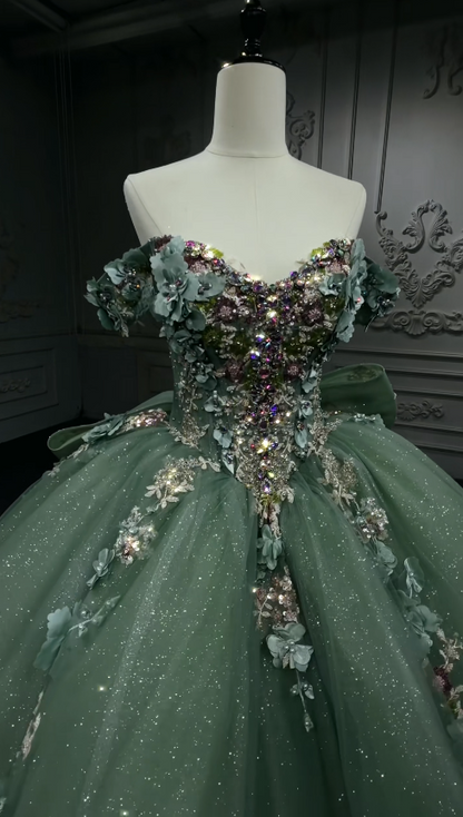 Fairy Off-shoulder Ball Gown Quinceanera Dress Tulle Applique Birthday Dress Green Sweet 16 Dress ED09277