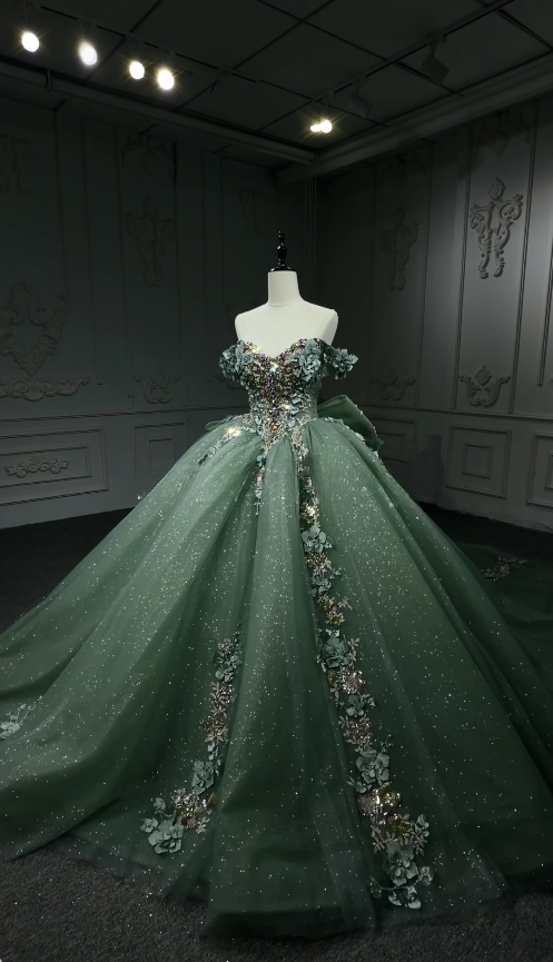 Fairy Off-shoulder Ball Gown Quinceanera Dress Tulle Applique Birthday Dress Green Sweet 16 Dress ED09277