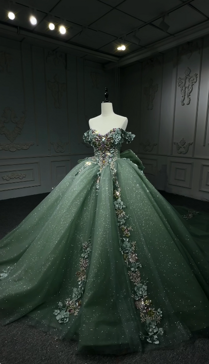 Fairy Off-shoulder Ball Gown Quinceanera Dress Tulle Applique Birthday Dress Green Sweet 16 Dress ED09277