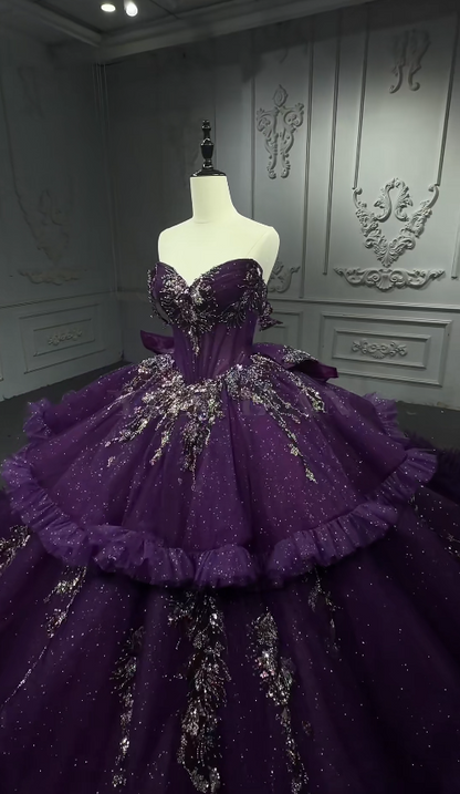 Feenhaftes, schulterfreies Ballkleid für Quinceañera, Tüll-Applikationskleid zum Geburtstag, violettes Sweet 16 Kleid ED09280