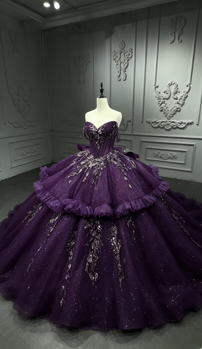 Feenhaftes, schulterfreies Ballkleid für Quinceañera, Tüll-Applikationskleid zum Geburtstag, violettes Sweet 16 Kleid ED09280