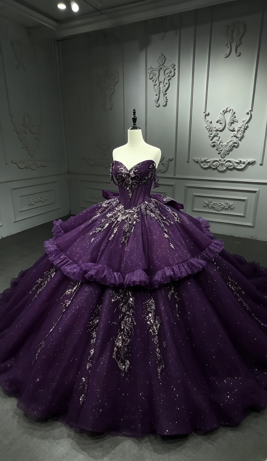 Fairy off-shoulder Ball Gown Quinceanera Dress Tulle Applique Birthday Dress Purple Sweet 16 Dress ED09280
