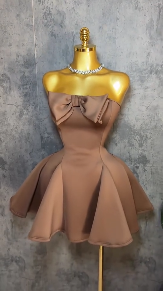 Fashion Brown Birthday Dress Strapless A-Line Dress for Party Satin Hoco Dress ED09290