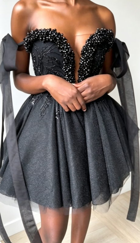 Fashion Black Birthday Dress Sweetheart A-Line Dress for Party Tulle Hoco Dress ED09292