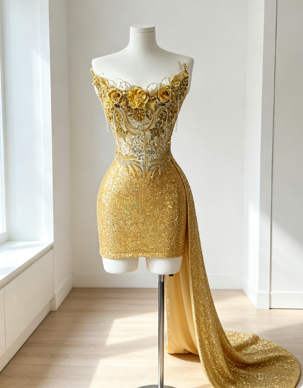 Sexy Yellow Hoco Dress Strapless Sheath Dress for Party Chiffon Beaded Birthday Dress ED09294