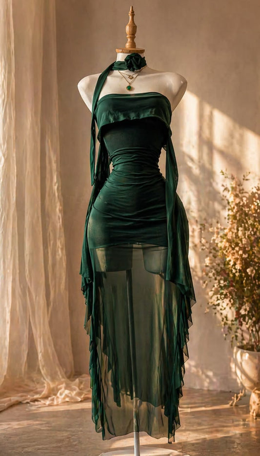 Sexy dunkelgrünes Hoco-Kleid, trägerloses Etuikleid für Partys, Chiffon-Geburtstagskleid ED09296