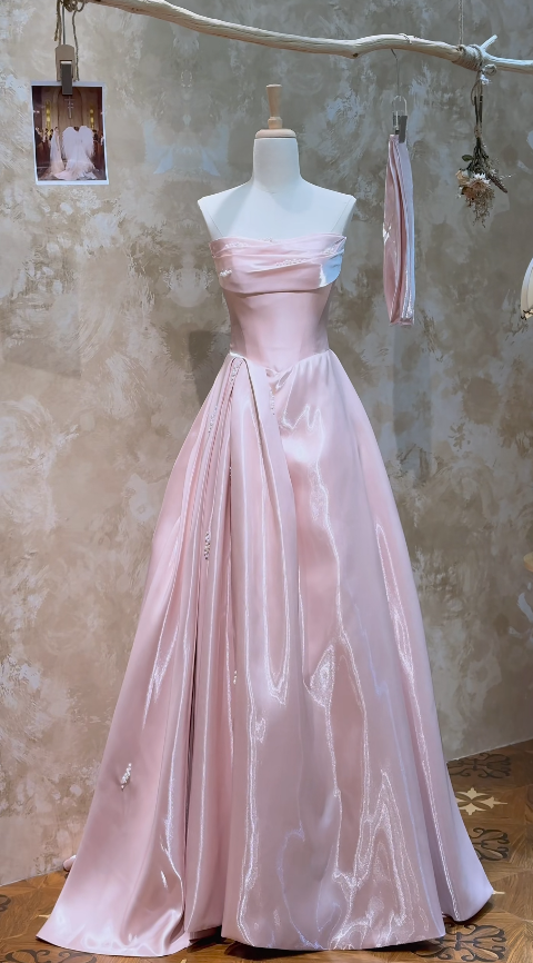 Chic Pink Prom Dress Strapless A-Line Dress for Party Satin Long Evening Dress ED09302