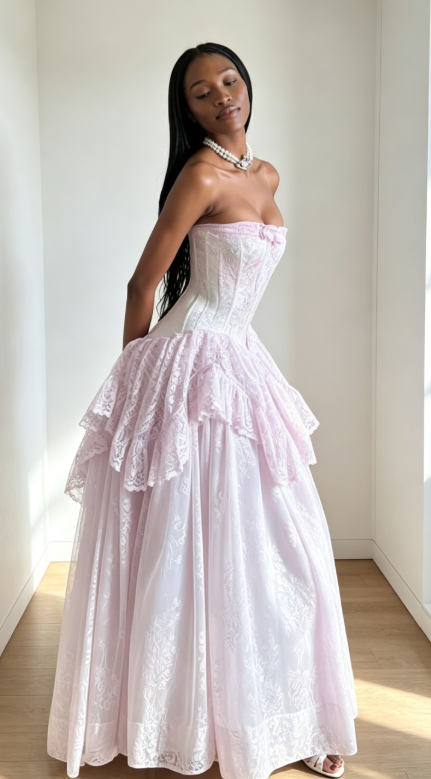 Chic Pink Prom Dress Strapless A-Line Dress for Party Lace Long Evening Dress ED09303