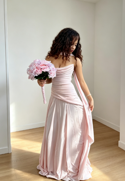 Chic Pink Prom Dress Strapless Sheath Dress for Party Chiffon Long Evening Dress ED09306