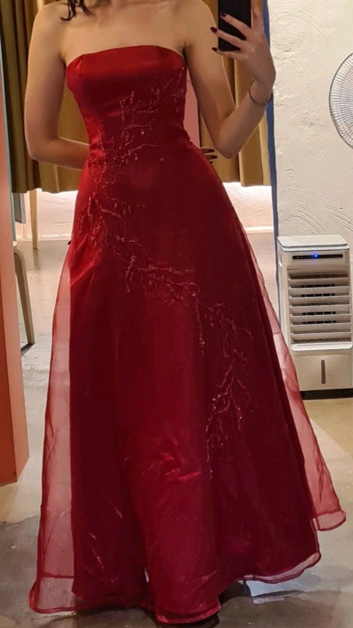 Chic Burgundy Prom Dress Strapless A-Line Dress for Party Beaded Chiffon Long Evening Dress ED09307