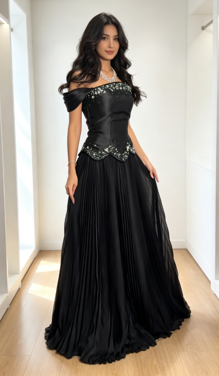 Elegant Black Off-Shoulder A-Line Prom Dress, Satin Long Evening Dress for Parties ED09309