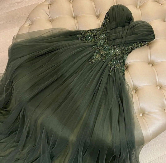 Elegantes dunkelgrünes Ballkleid, Sweetheart-A-Linien-Kleid für Party, Tüll-Abendkleid lang ED09310