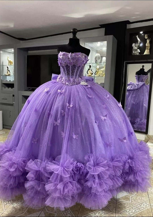 Gorgeous Purple Sweet 16 Dress Strapless Ball Gown Quinceanera Dress Tulle Prom Dress ED09311