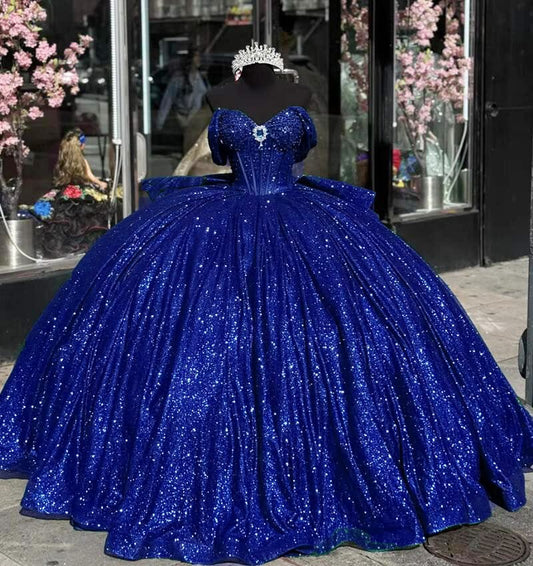 Gorgeous Navy Blue Sweet 16 Dress Off-shoulder Ball Gown Quinceanera Dress Tulle Prom Dress ED09312