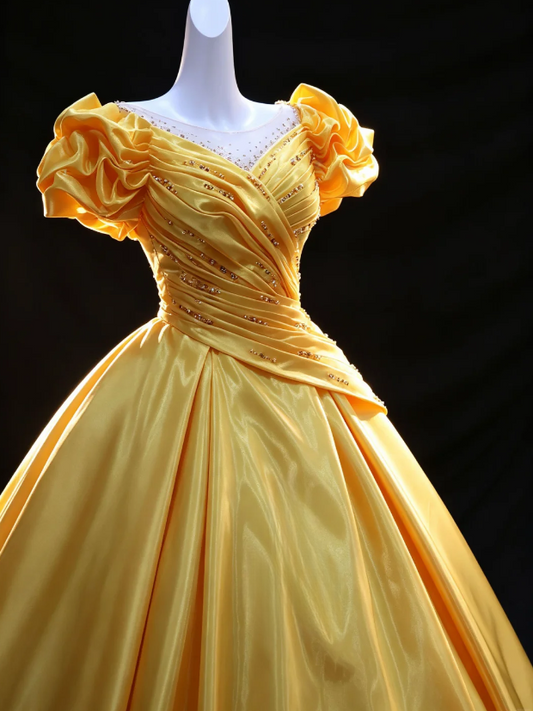Gorgeous Yellow Sweet 16 Dress V-neck  A-Line Quinceanera Dress Satin Prom Dress ED09314