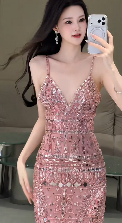 Gorgeous Pink Prom Dress Straps Sheath Beaded Long Prom Dress ED09319